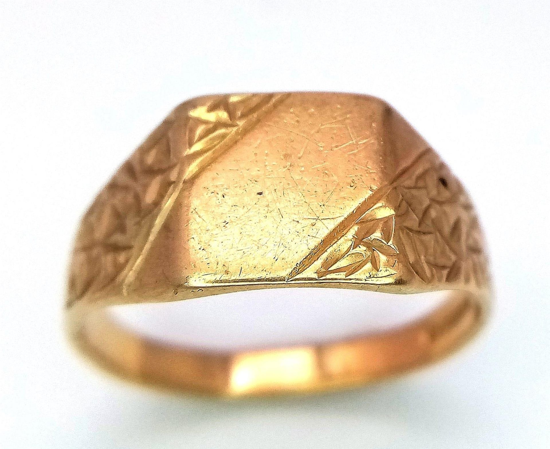 A Vintage 9K Yellow Gold Signet Ring. Size Q 1/2. Full UK hallmarks. 3.42g weight.