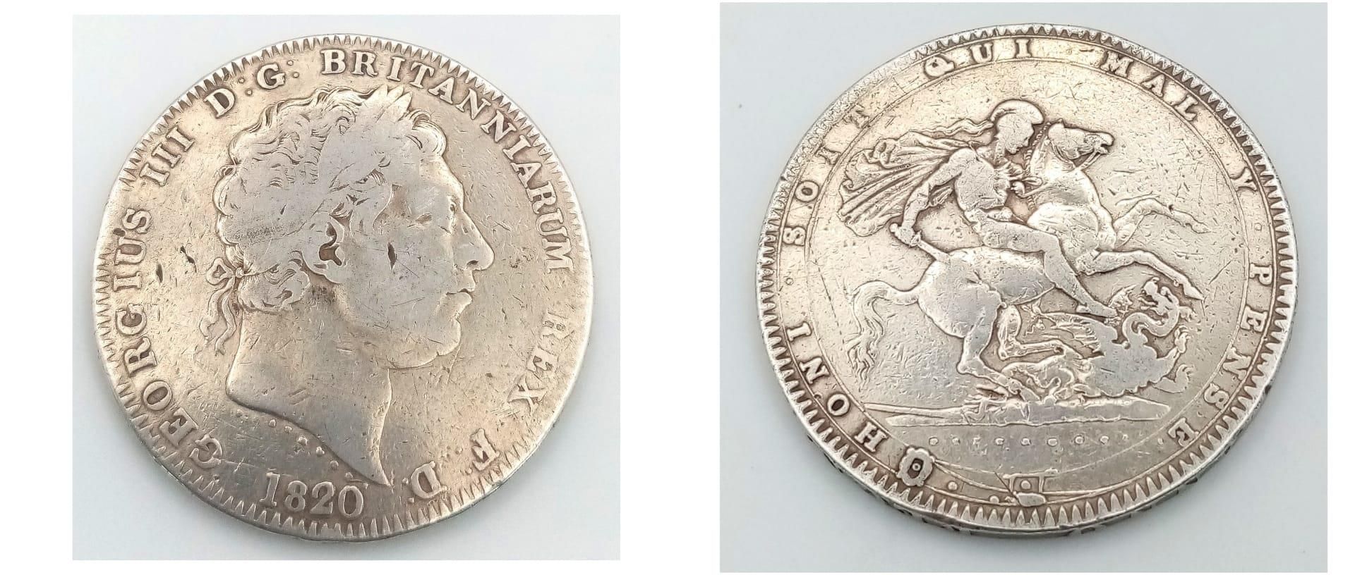 An 1820 George III Silver Crown Coin. F+ grade but please see photos.