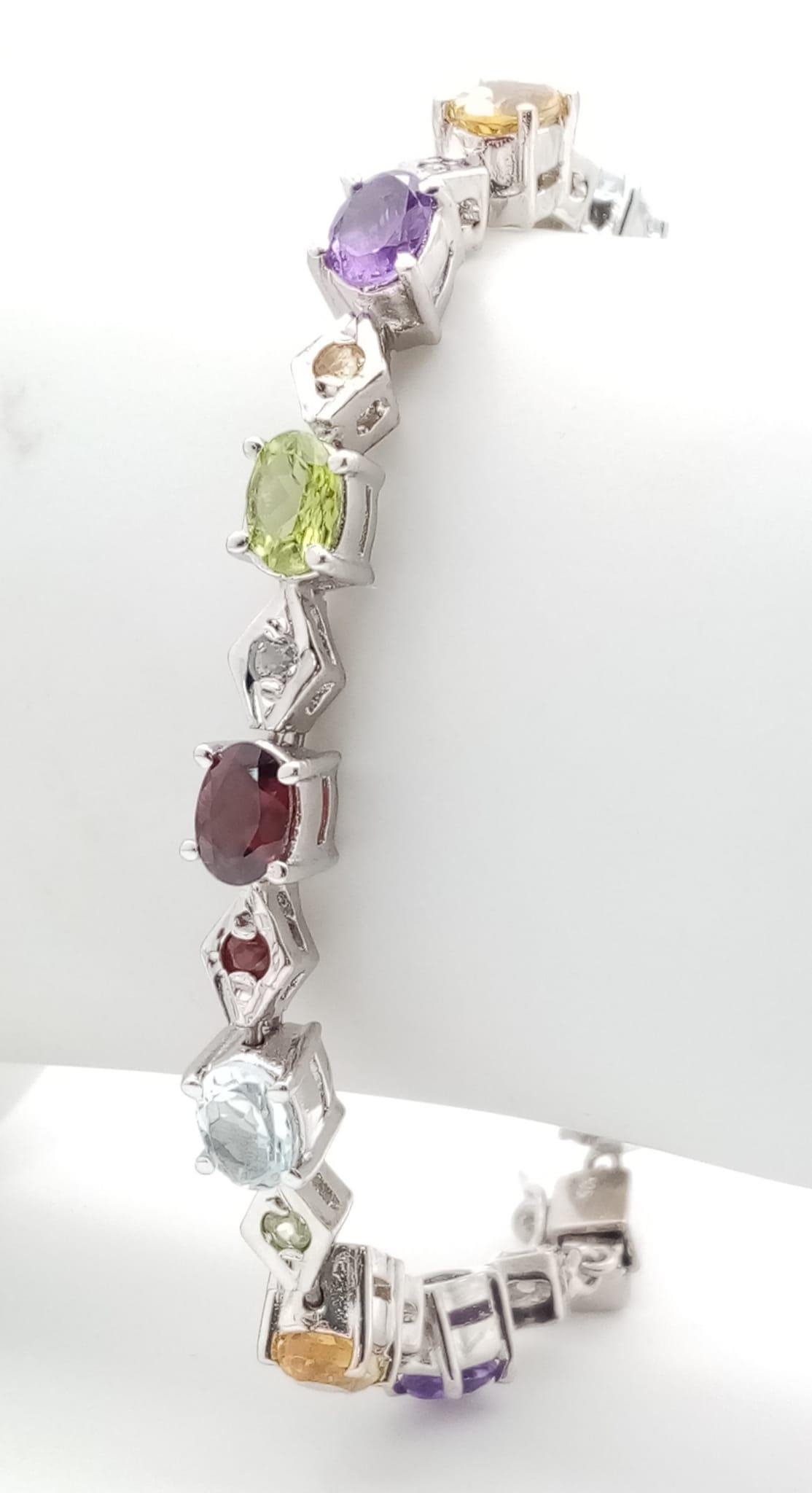 A Multi Gemstones 925 Silver Tennis Bracelet - Includes: Peridot, Citrine, Amethyst, Aquamarine