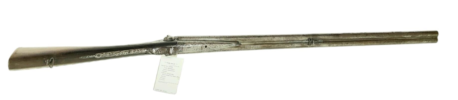 A 16 BORE PIN FIRE ANTIQUE SIDE BY SIDE DOUBLE BARRELED SHOTGUN WITH PATTERNED METALWORK a/f - Image 10 of 12