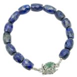 A Lapis Lazuli Bracelet with Emerald and 925 Silver Clasp. 110ctw. 20.5cm length, 22.57g total