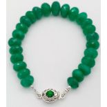 A 130ctw Emerald Rondelle Bracelet with Emerald and Diamond 925 Silver Clasp. 18cm length. 26.55g