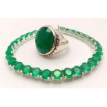 A Green Onyx Gemstone Tennis Bracelet with Matching Onyx Ring - Both set in 925 Silver. 19cm