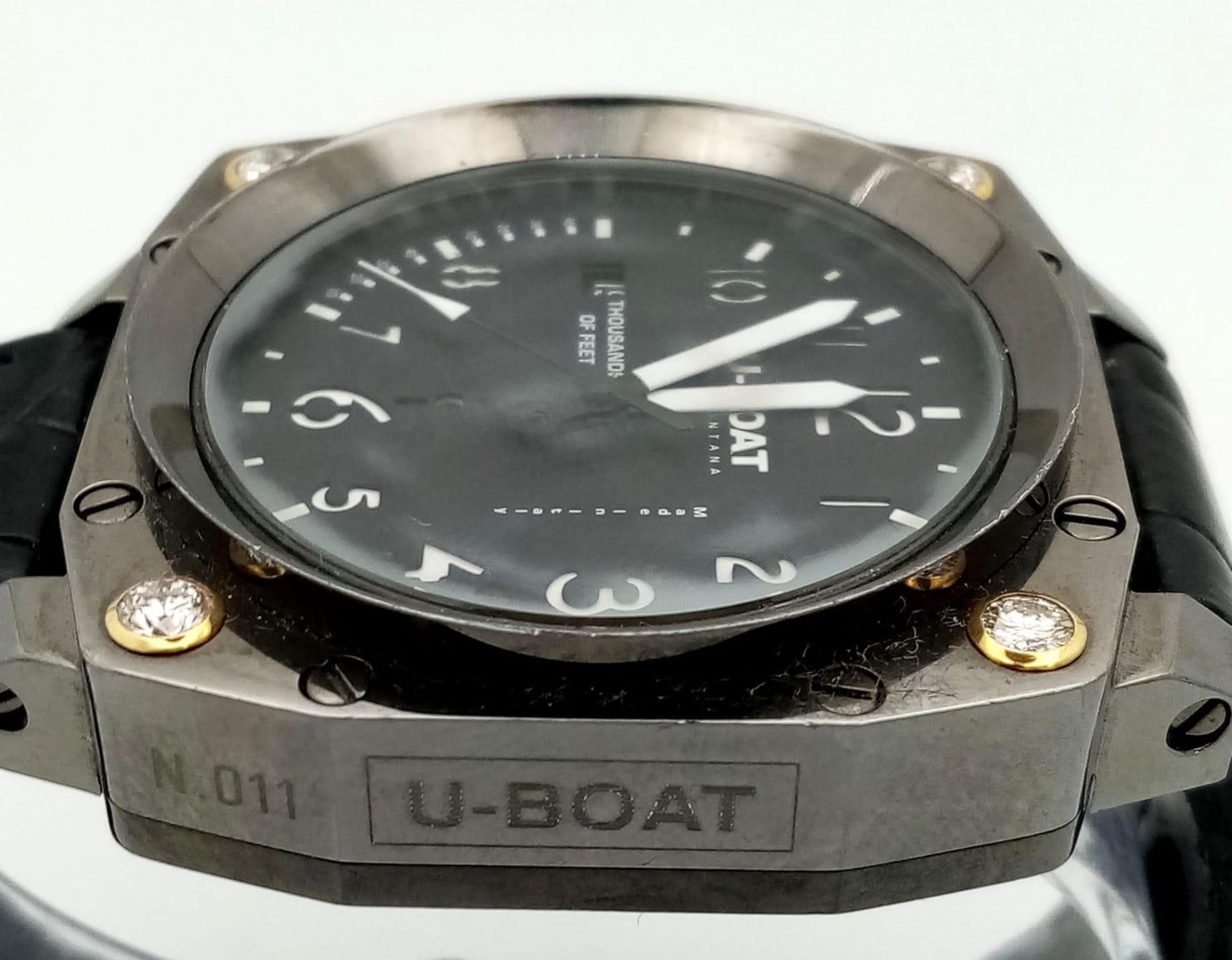 A U Boat Italo Fontana Gents Divers Watch. Italian made. Black leather strap. Stainless steel case - - Image 4 of 9