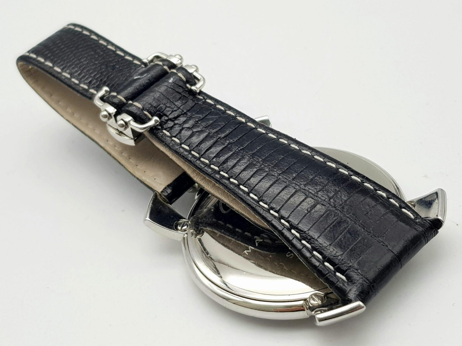 A "GAGA" OF MILAN OVERSIZED MANUAL TOP WIND WATCH ON BLACK LEATHER STRAP . 45mm - Bild 5 aus 5