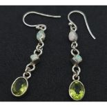 A Pair of Sterling Silver Opal and Peridot Dangle Earrings 5cm Drop. Set with 8mm Oval Cut