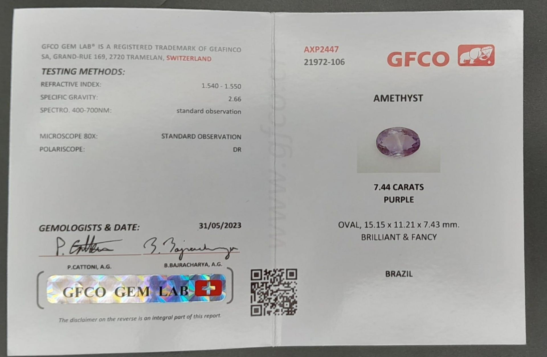 A 7.44ct Amethyst Loose Gemstone in Oval shape. Brazil Origin. GFCO Swiss Certified. - Bild 4 aus 4