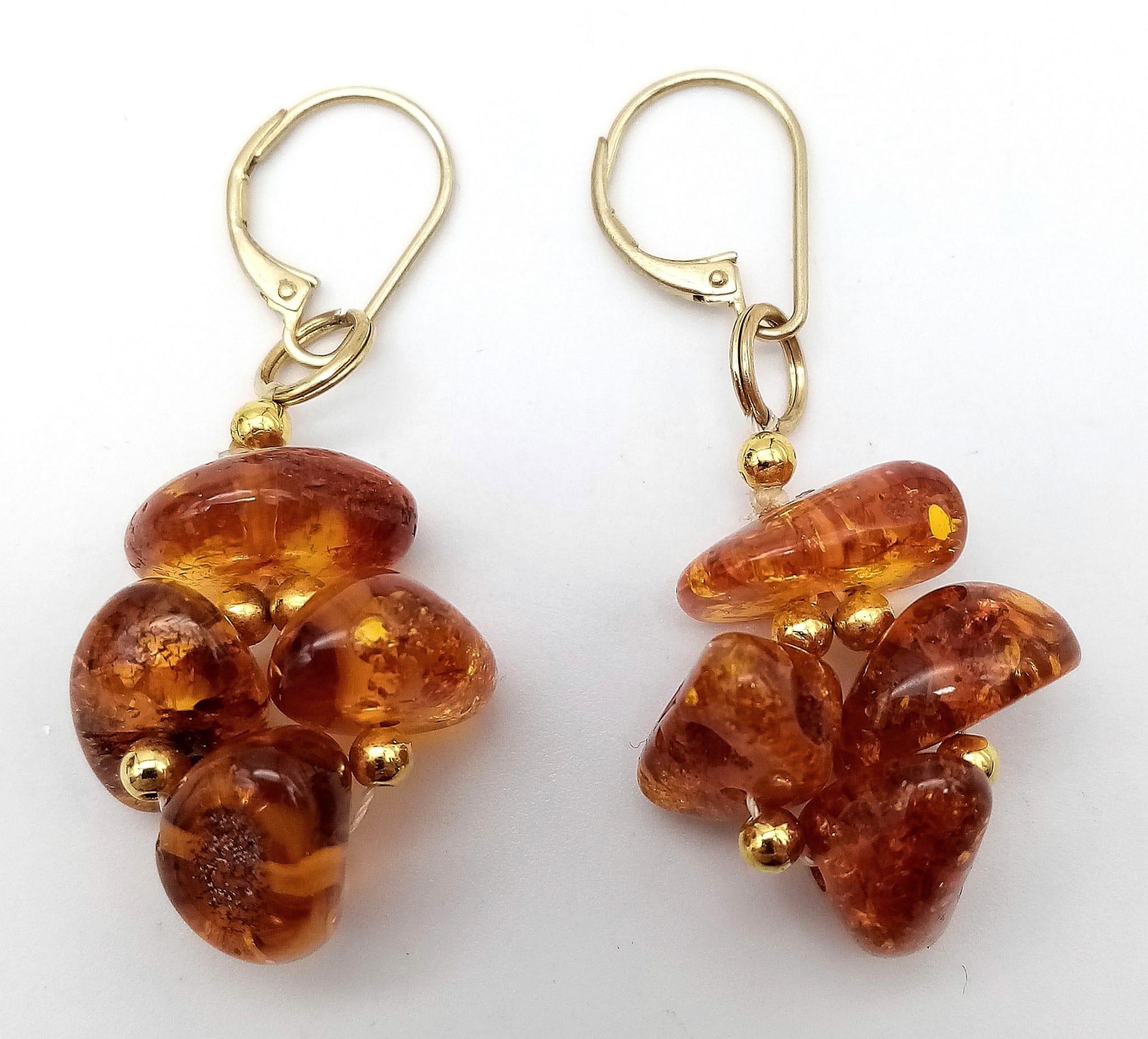 A Pair of Amber Cluster Earrings set in 9K Gold Earrings. 6g total weight. 3cm drop