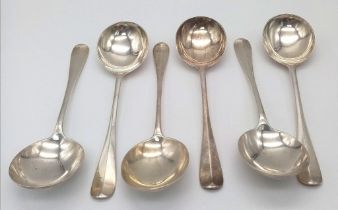 Six Antique Sterling Silver Soup Spoons. 19cm. 378g weight. Hallmarks for London 1924