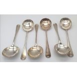 Six Antique Sterling Silver Soup Spoons. 19cm. 378g weight. Hallmarks for London 1924