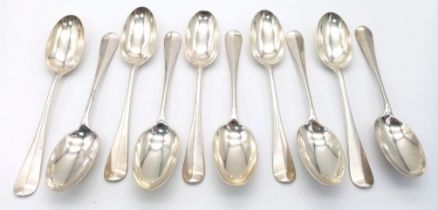 Ten Mid-Size Sterling Silver Antique Spoons. 17cm. 546g total weight. Hallmarks for London 1924.