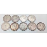 A Set of Edward VII Silver Florin Coins - 1902-1910. The 1904,5 and 6 are quite scarce. Please see