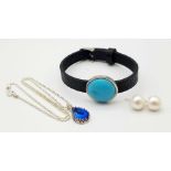 A Mixed Lot of Jewellery - Leather gem bracelet, silver and blue stone necklace and cultured pearl