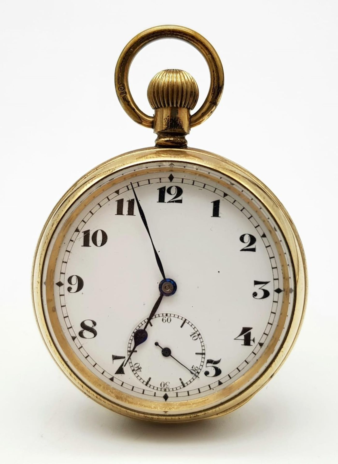 An Antique Gold Plated Record Watch Company Pocket Watch. 7 jewels. Top Winder. White dial with