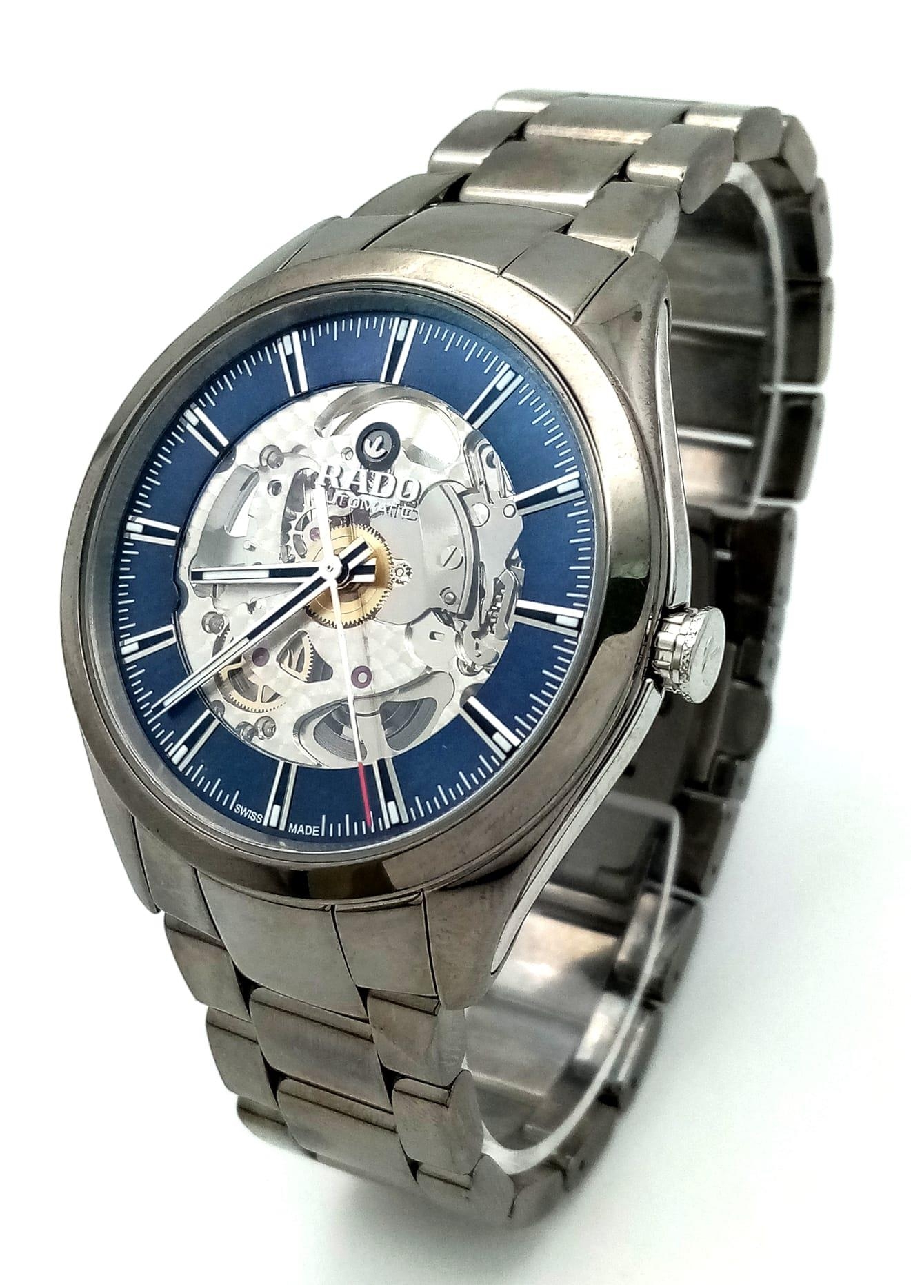 A Stylish Rado Automatic Skeleton Gents Watch. Stainless steel strap and case - 42mm. Outer blue and