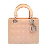 A pink Christian Dior Cannage quilted patent leather Lady Dior Bag. Removable shoulder strap, silver