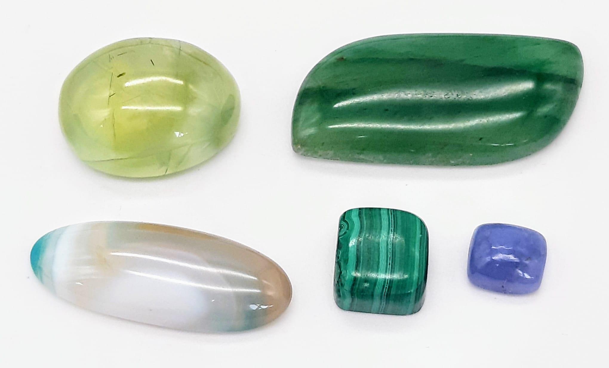 A 108.75ctw Mixed Lot of 5 Cabochon Gemstones - Malachite, Tanzanite, Agate, etc. Ref: CV39