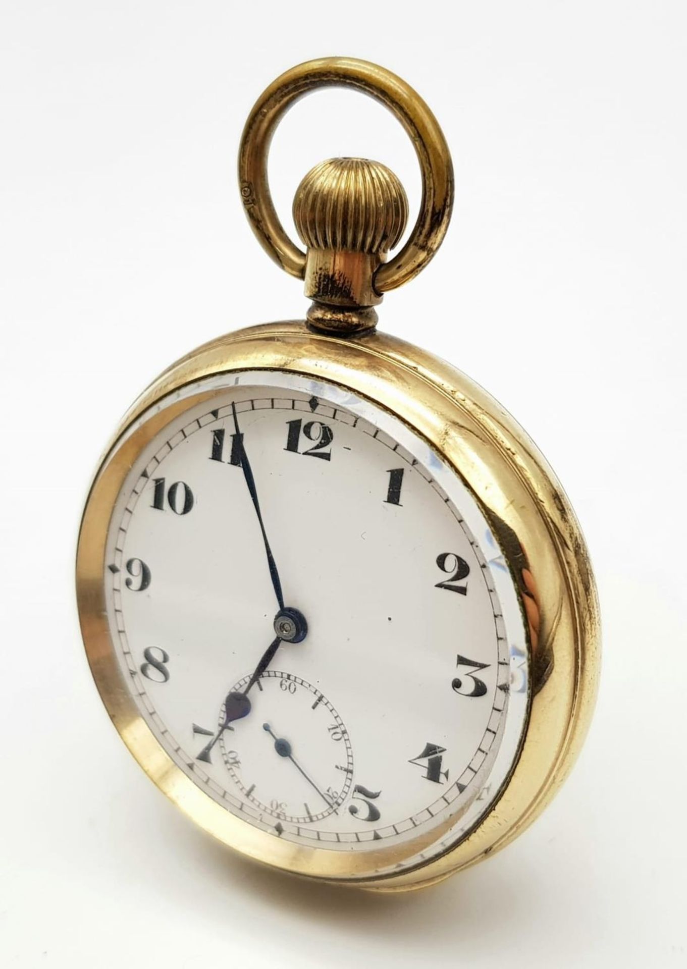 An Antique Gold Plated Record Watch Company Pocket Watch. 7 jewels. Top Winder. White dial with - Bild 2 aus 9