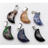 Six Crescent Gemstone Pendants. 2.5cm