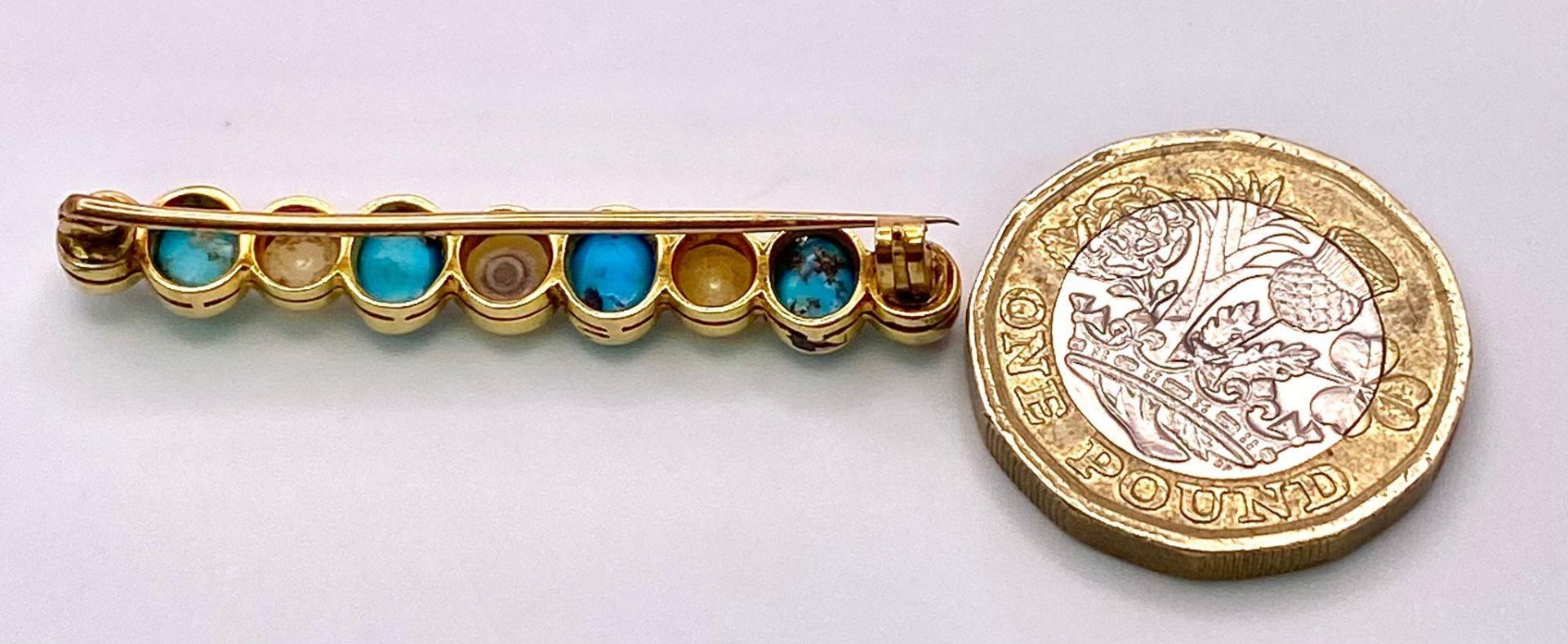 An Antique 18K Gold (tested) Turquoise and Pearl Bar Brooch. Alternating pearl and turquoise - Bild 3 aus 3