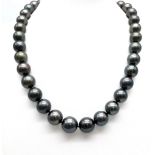 A Charcoal Grey Tahitian Pearl Necklace with 18K White Gold Clasp. 9/10mm pearls. 41cm necklace