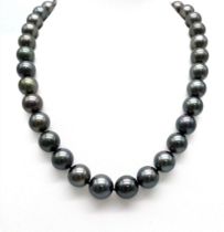 A Charcoal Grey Tahitian Pearl Necklace with 18K White Gold Clasp. 9/10mm pearls. 41cm necklace