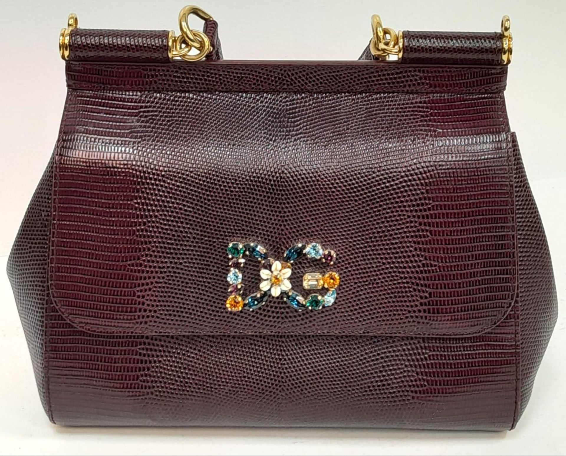A Dolce & Gabbana Burgundy Miss Sicily Bag. Reptile embossed leather exterior with gold-toned - Image 2 of 6