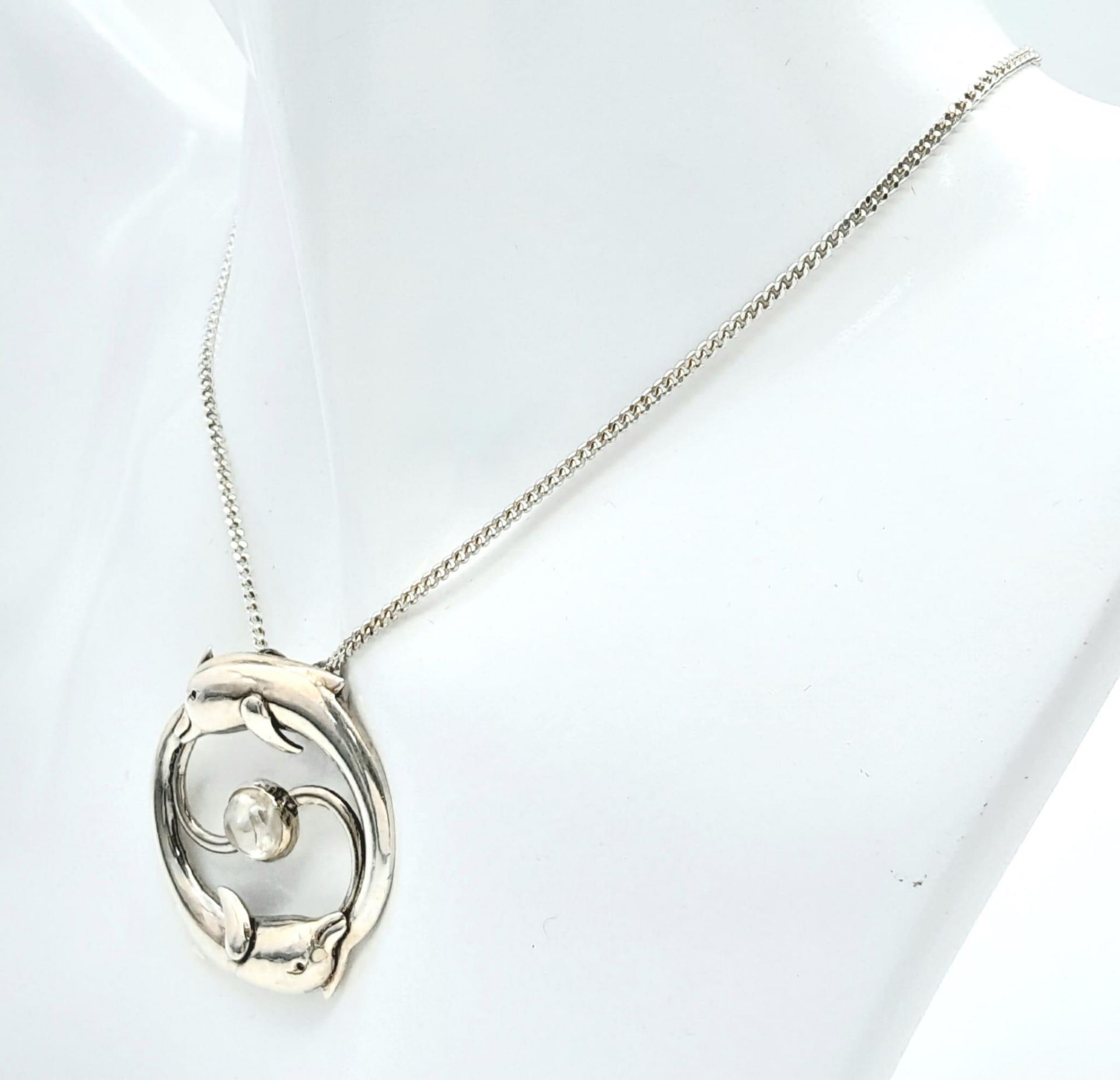 A 985 Silver, Moonstone Set Leaping Dolphin Pendant Necklace. Pendant Measures 3.6cm Length, Set - Image 2 of 10