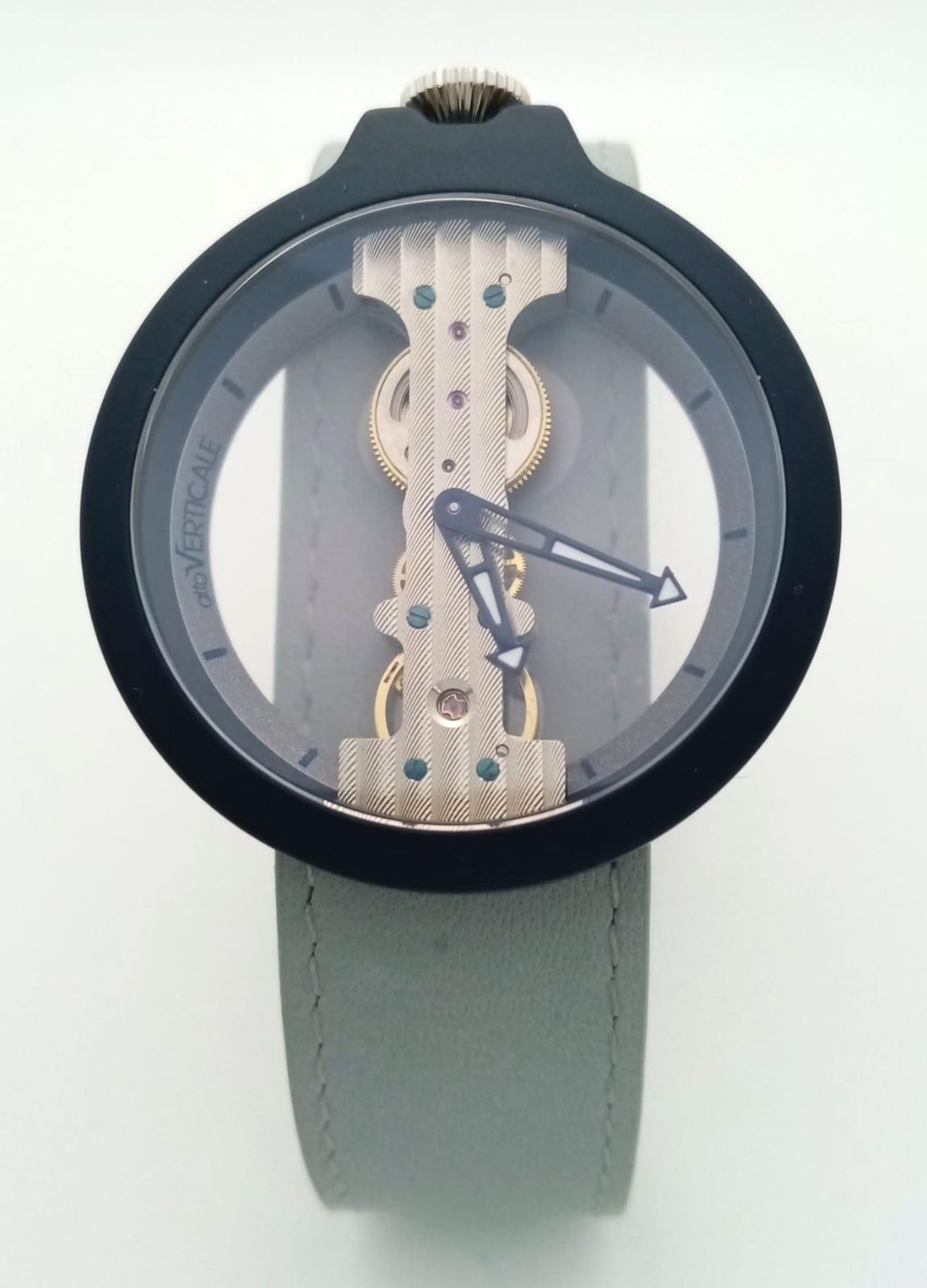 A VERTICALE unisex skeleton watch, black case 42 mm, original grey/blue leather strap (unused), - Image 2 of 12