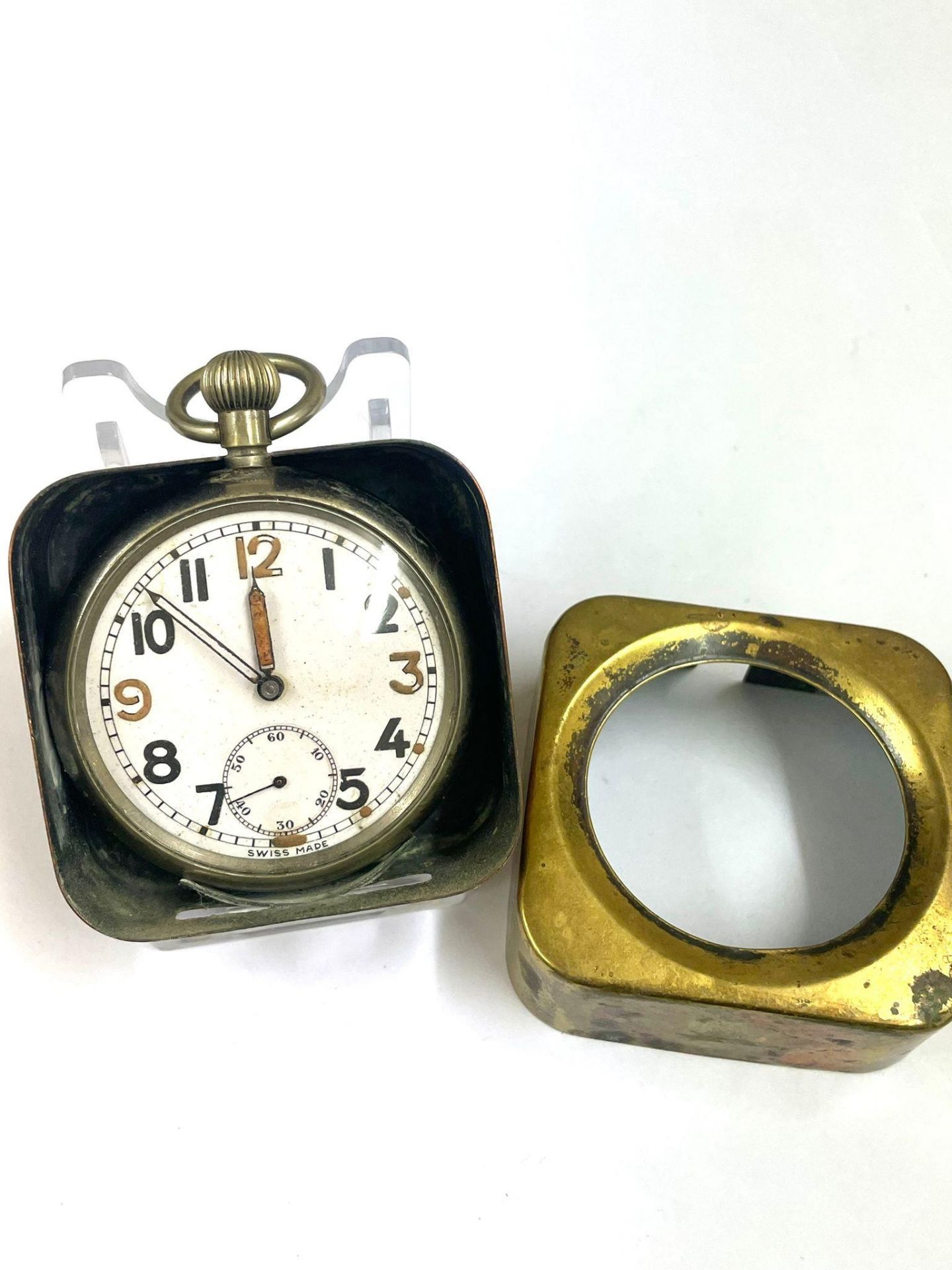 Military style pocket watch & stand ticking