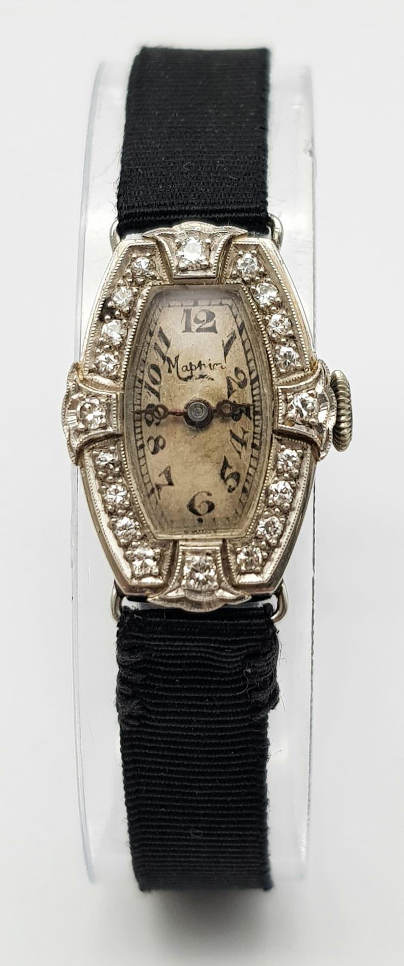 A 1920s Art Deco Mappin and Webb Platinum and Diamond Cocktail Ladies Watch. Original textile strap. - Image 2 of 8