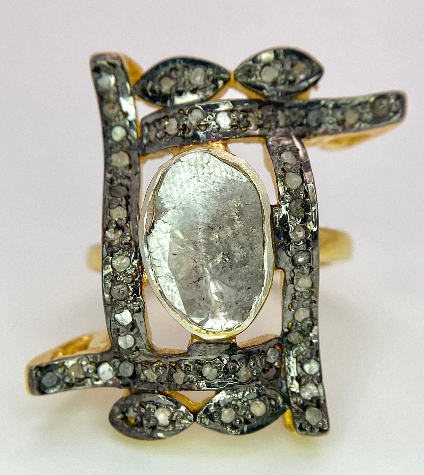 A spectacular, antique silver and gold ring with a large natural, old cut diamond (2.80 carats - Image 2 of 5