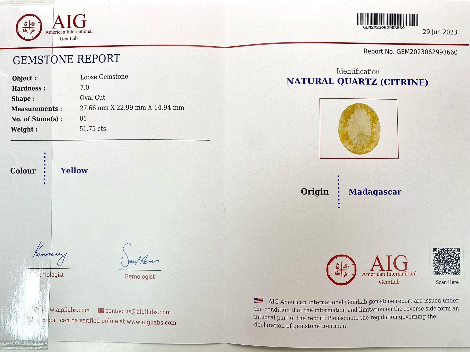 A Sealed 51.75ct Madagascar Natural Citrine Gemstone - Oval cut. Comes with the AIG Certificate. - Bild 5 aus 5