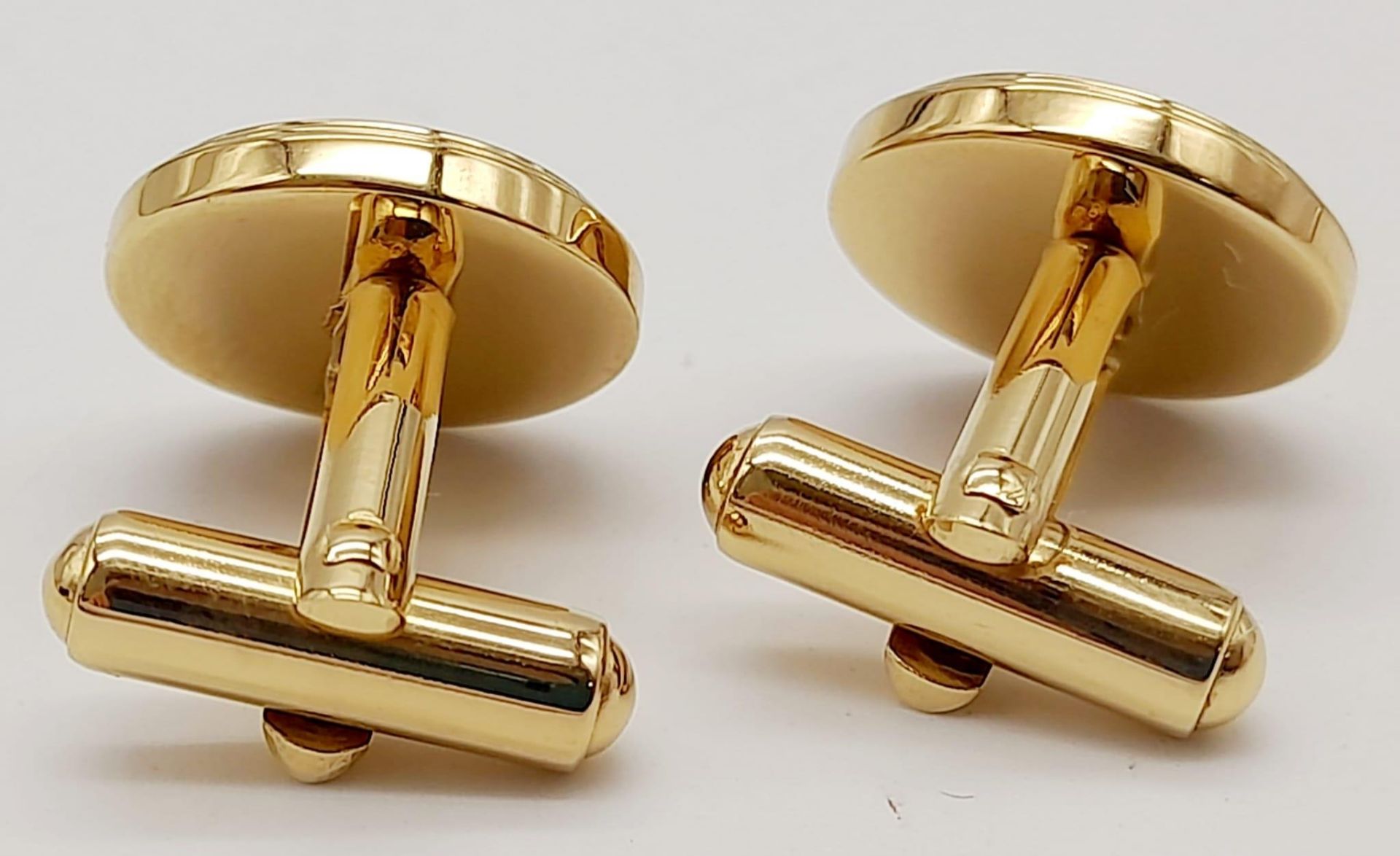 A Pair of Round Yellow Gold Gilt Blue Panel Inset Cufflinks by Dunhill in their original - Image 8 of 11