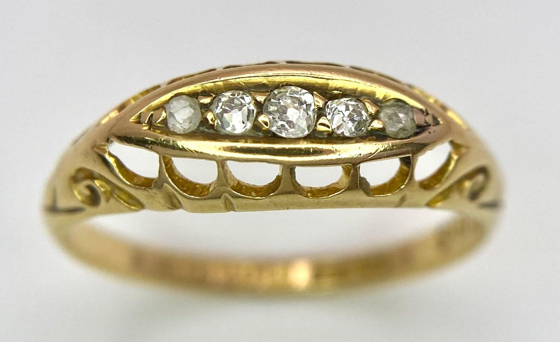 A Vintage 18K Yellow Gold Five Stone Diamond Ring. Full UK hallmarks. Size P. 2.5g total weight. - Image 2 of 8