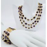 A very attractive three row gilded amethyst necklace and bracelet. Necklace length: 44-52 cm,