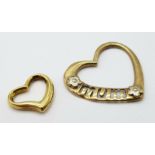 Two 9K Yellow Gold Different Size Heart Pendants. 10 and 20mm. 1.16g total weight.