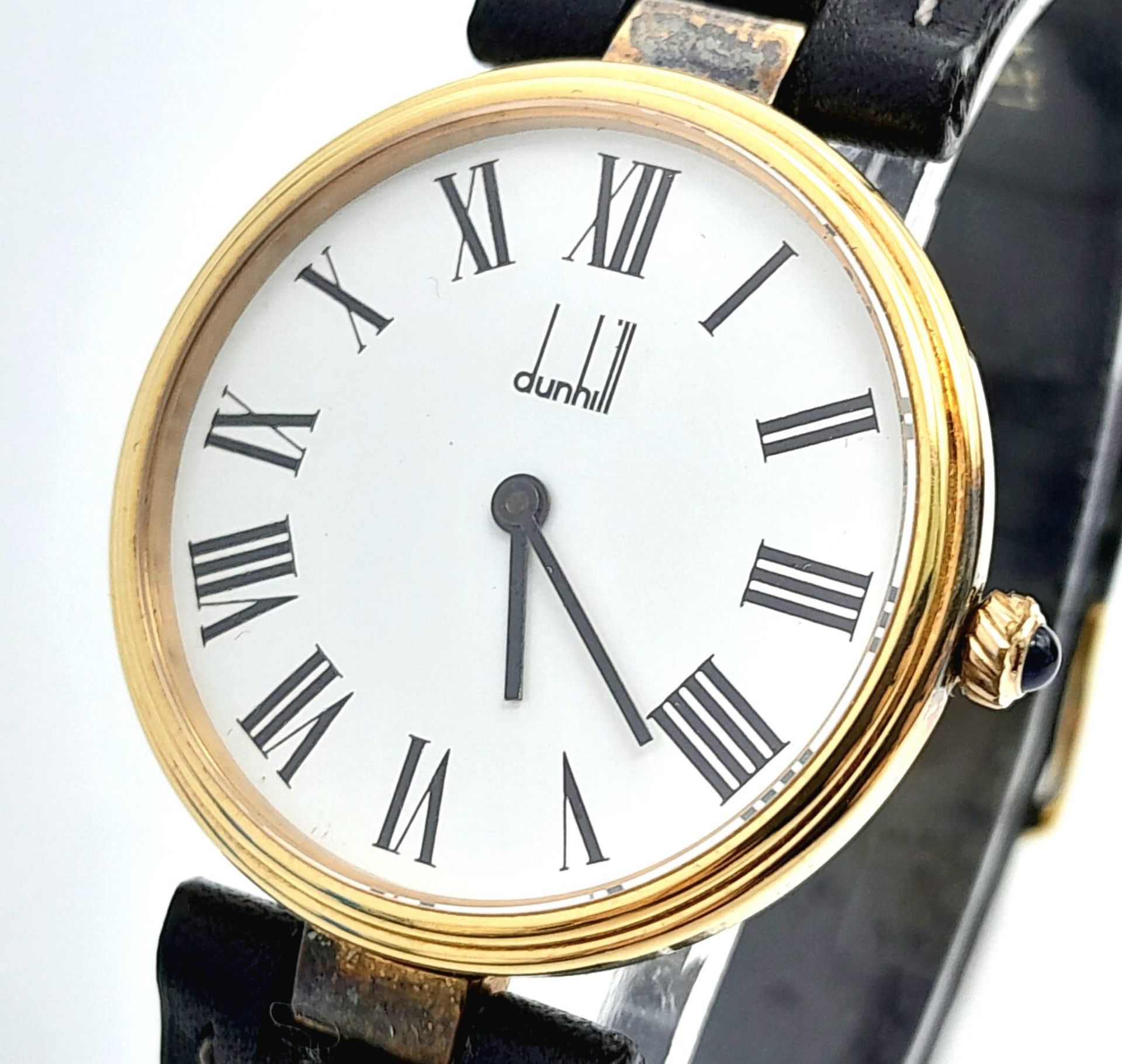 A Dunhill Sterling Silver Gilt Chronometer Watch. 34mm Case, Black Leather Strap. Full Working - Bild 3 aus 15