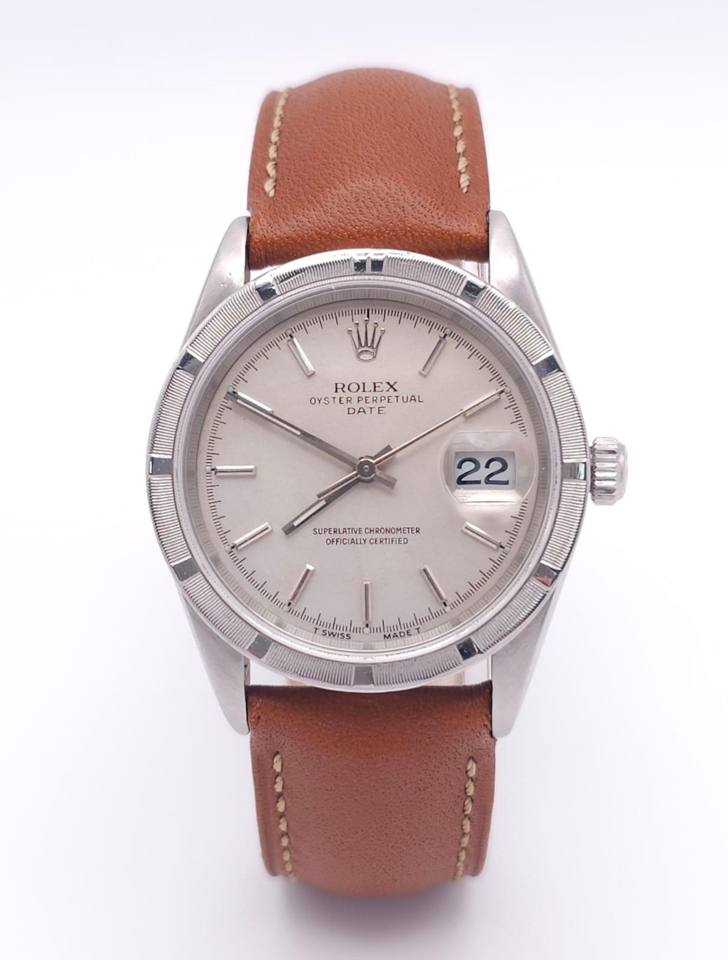 A Rolex Oyster Perpetual Date Automatic Gents Watch. Brown leather strap. Stainless steel case - - Bild 2 aus 9