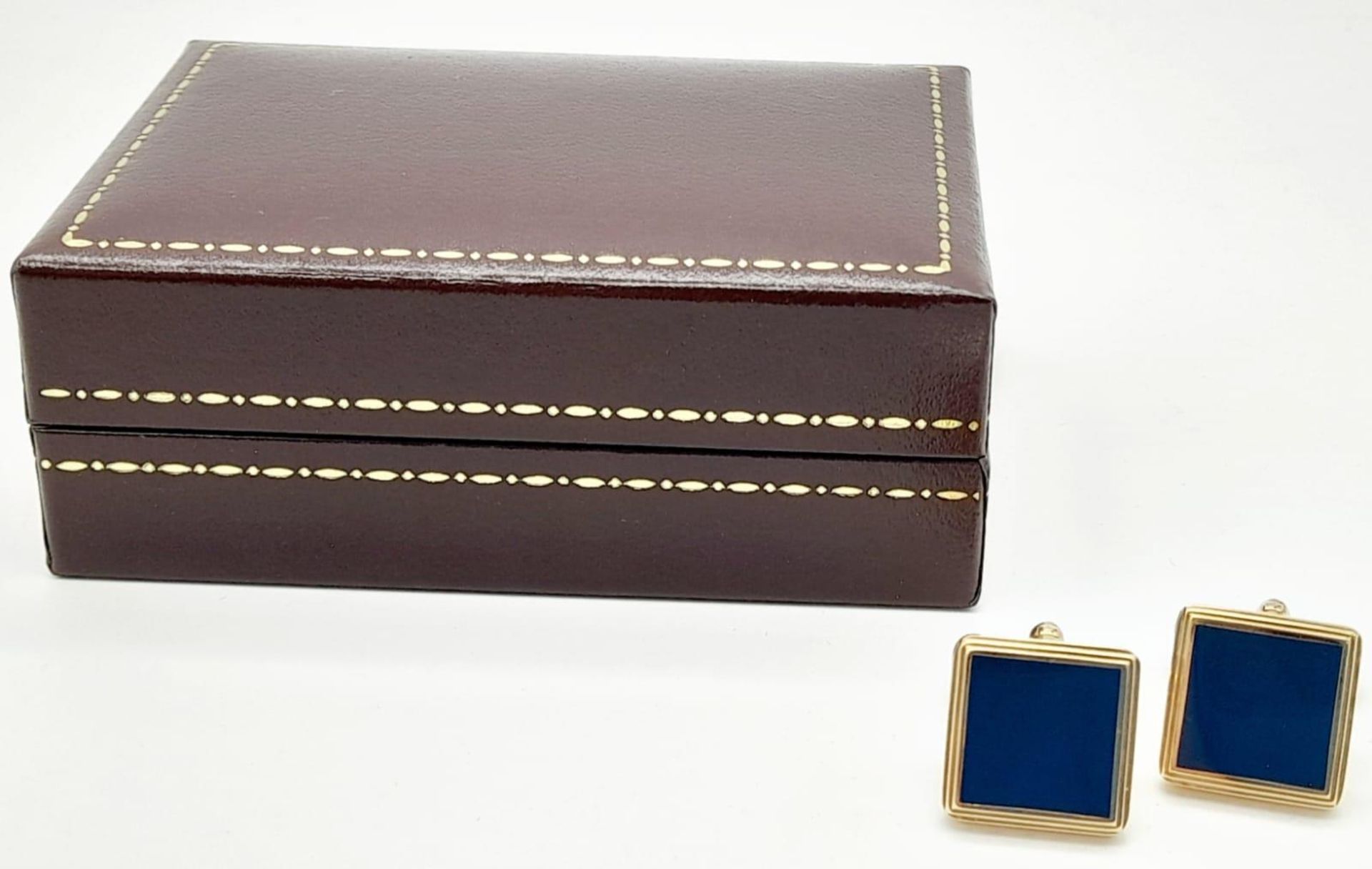 Pair of Square Yellow Gold Gilt Blue Panel Inset Cufflinks by Dunhill in their original presentation - Image 10 of 11