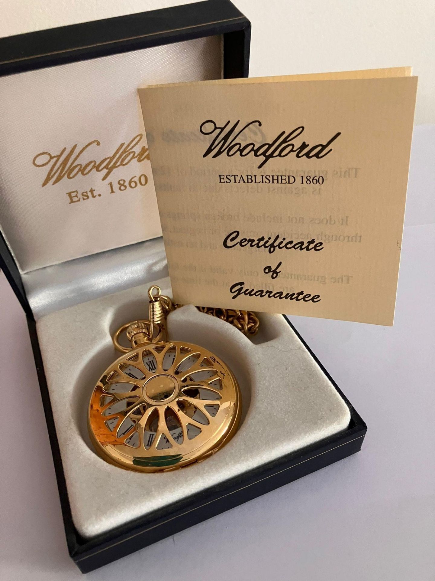 A WOODFORD SKELETON HALF HUNTER POCKET WATCH. Gold Plated finish with Skeleton Front and back. - Bild 2 aus 5