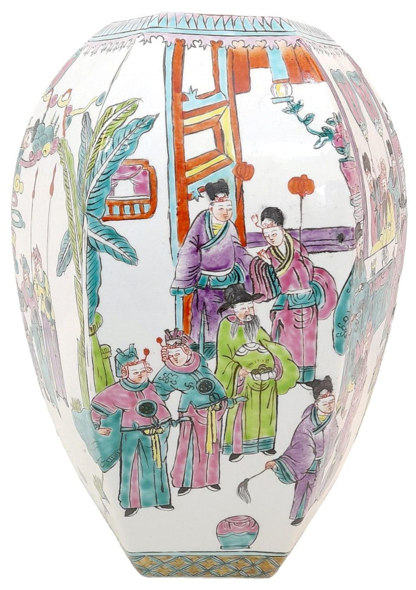 A Superb Antique Chinese Octagonal Famille Rose Canton Vase with Wonderfully Painted Court Scenes in - Bild 5 aus 8