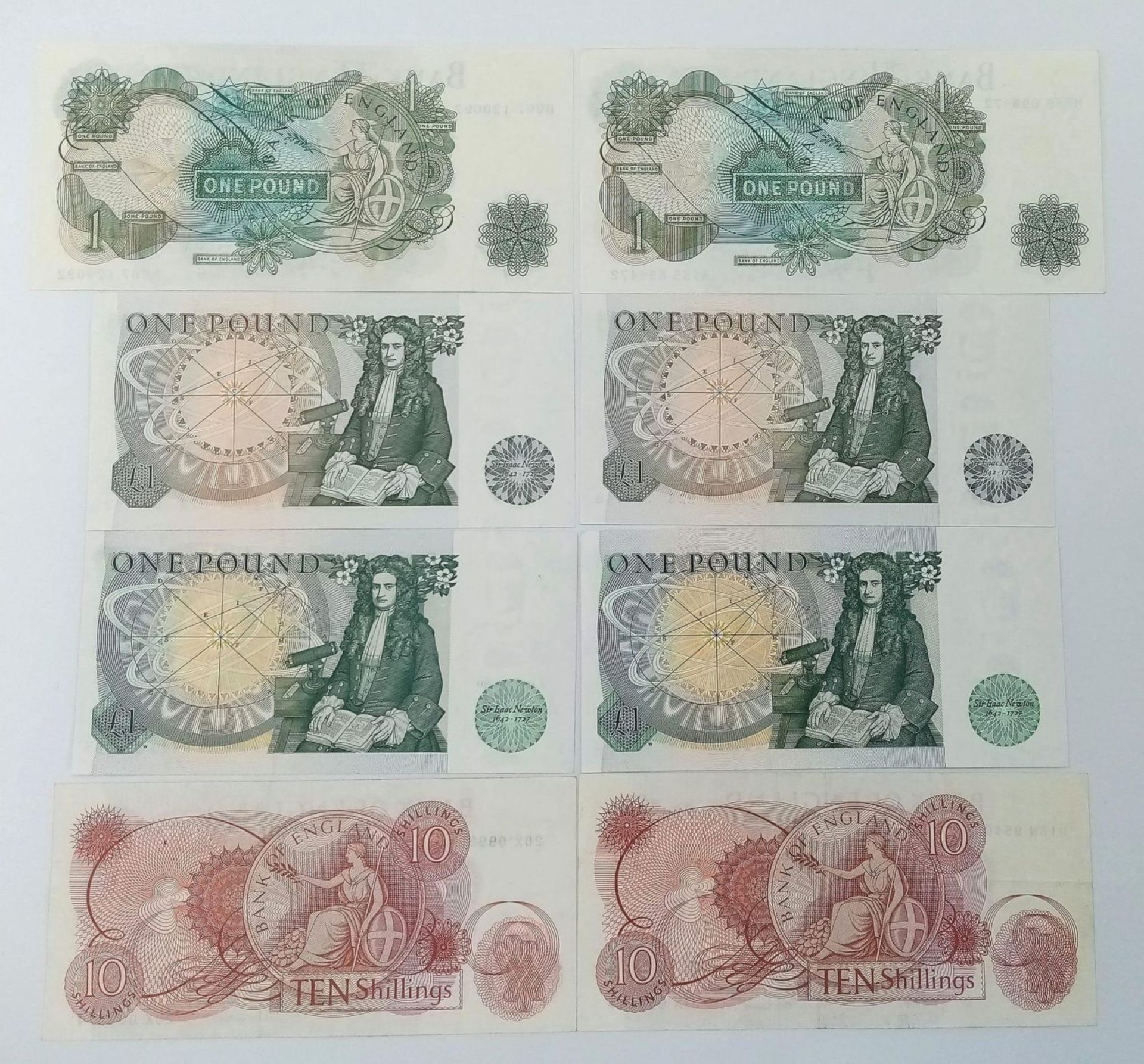 Eight Vintage EF/UNC grade British Currency Notes. 6 x £1 and 2 x Ten Shilling notes. Please see - Bild 4 aus 4