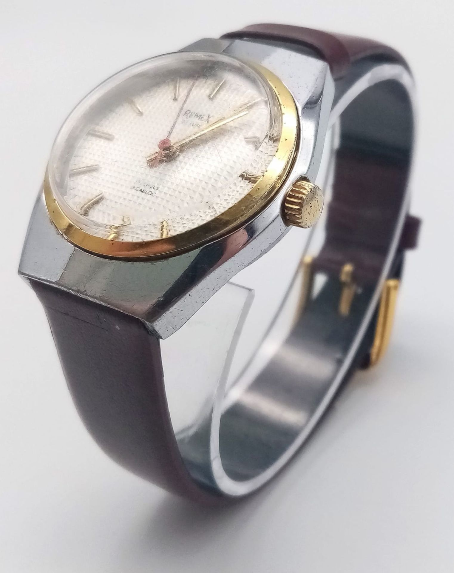 A Vintage Remex De Luxe Automatic Gents Watch. Burgundy leather strap. Stainless steel case - - Image 2 of 12