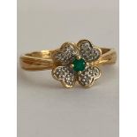 9 carat ‘Four leaf clover’ GOLD RING Set with DIAMONDS and EMERALD. Full hallmark. Complete with