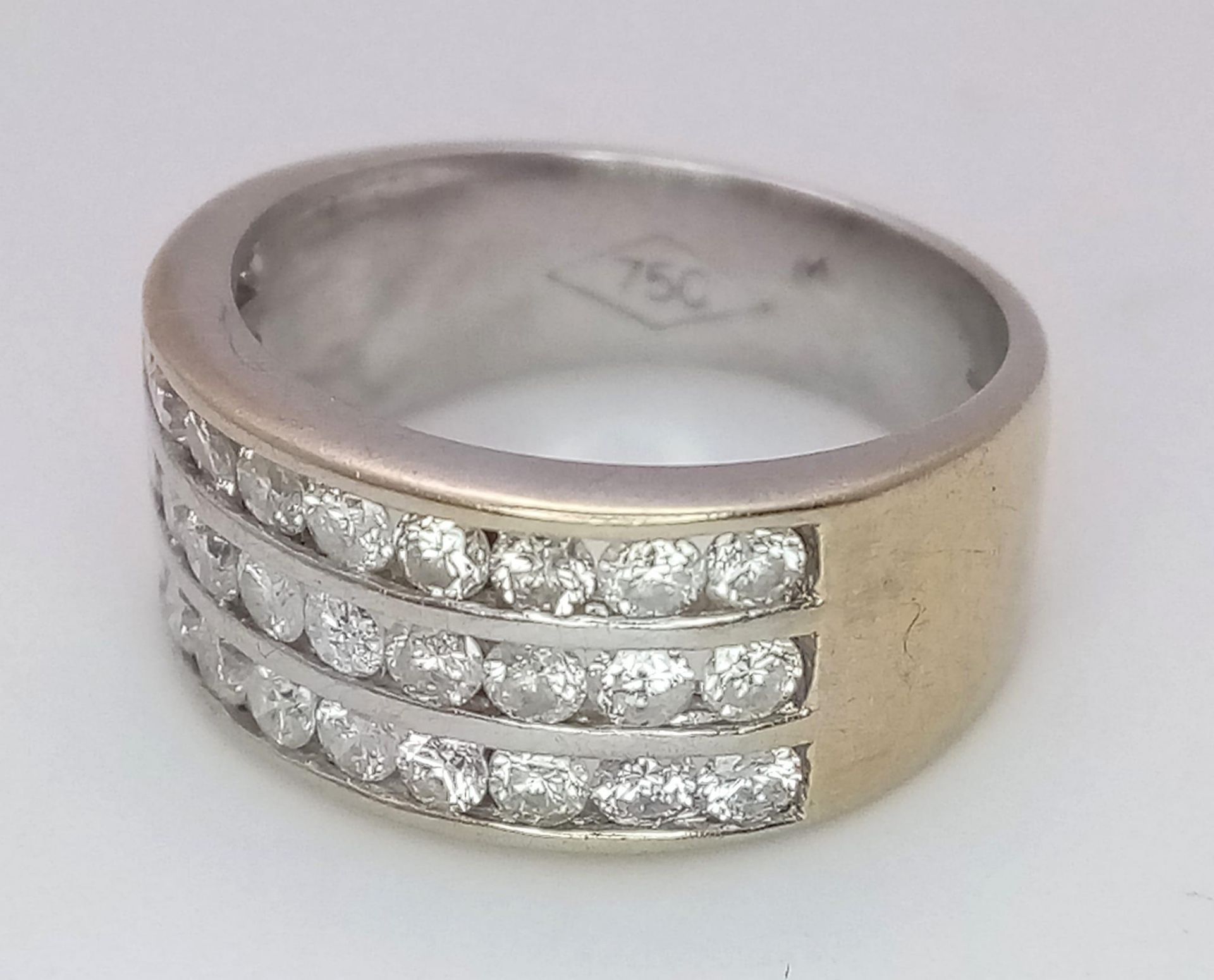 A well made 18 K yellow gold ring with three channels filled with round cut diamonds. Size: H, - Image 14 of 18