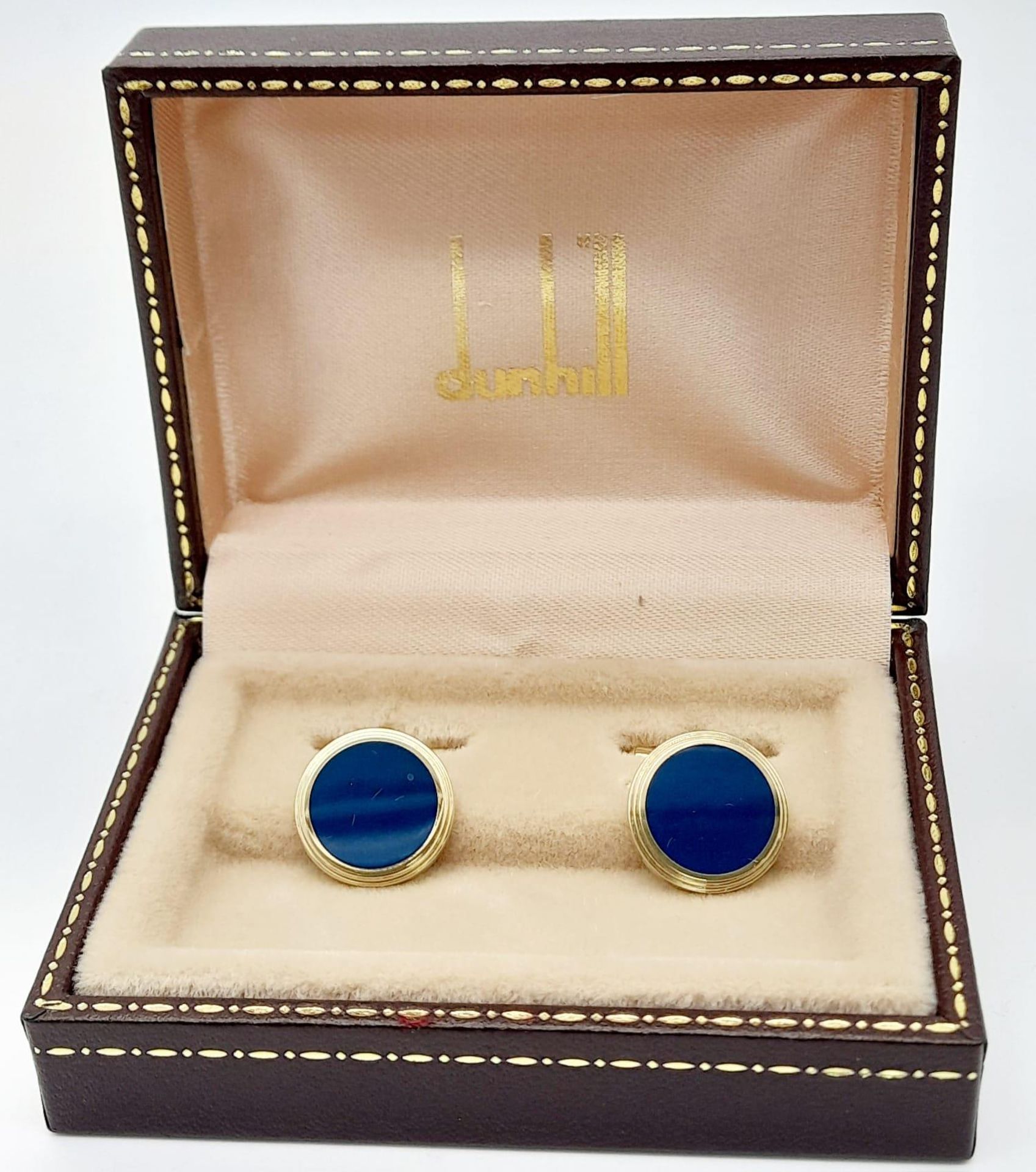 A Pair of Round Yellow Gold Gilt Blue Panel Inset Cufflinks by Dunhill in their original - Image 3 of 11