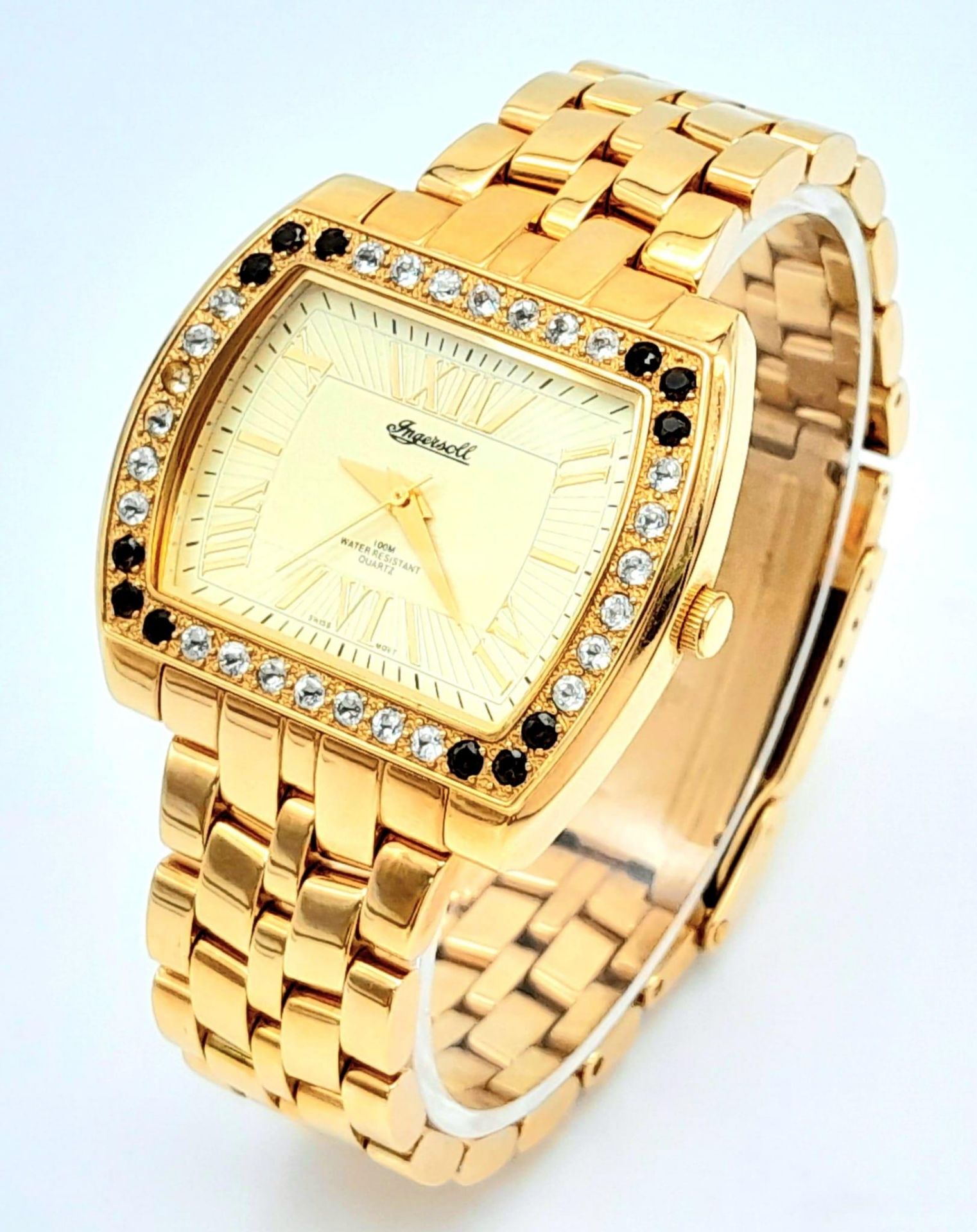 An Ingersoll Gold Plated Stone Set Quartz Ladies Watch. Gold plated bracelet and case - 38mm.