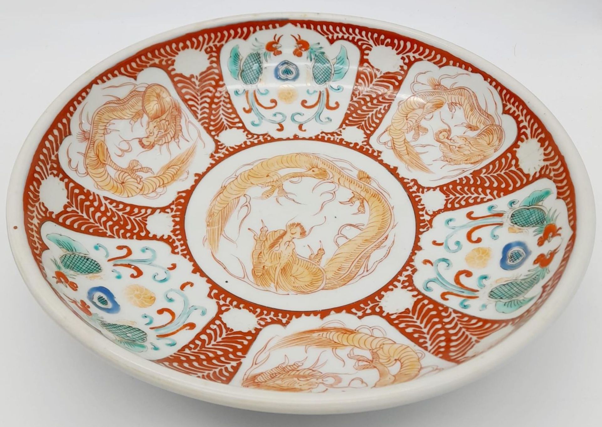 A Large Antique Chinese Famille Rose Bowl. Wonderful colours and decoration depicting dragons and - Image 2 of 5