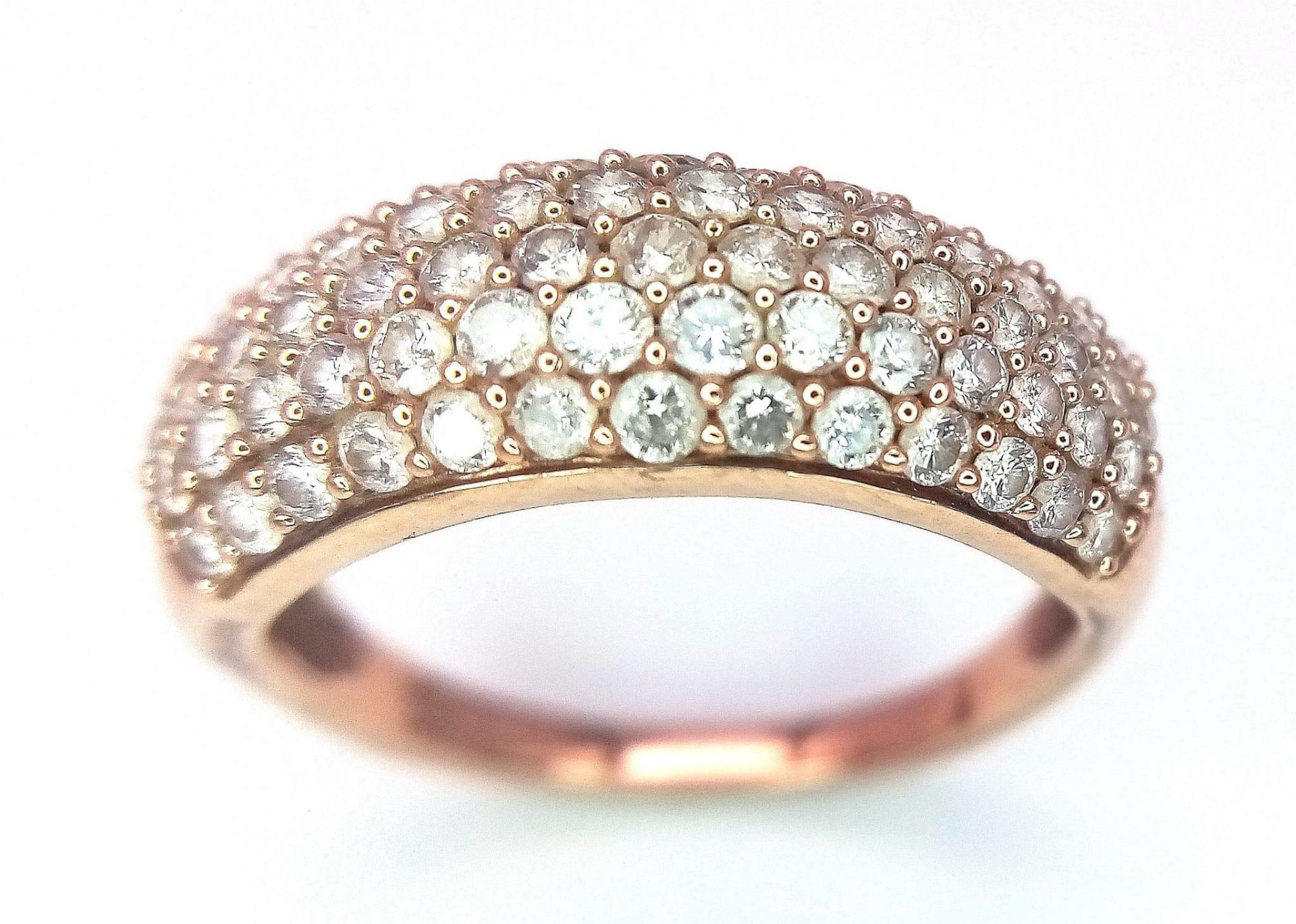 A 9K Rose Gold Diamond Encrusted Ring. Five rows of 70 small cut round diamonds. Size N. 3.2g - Bild 2 aus 6